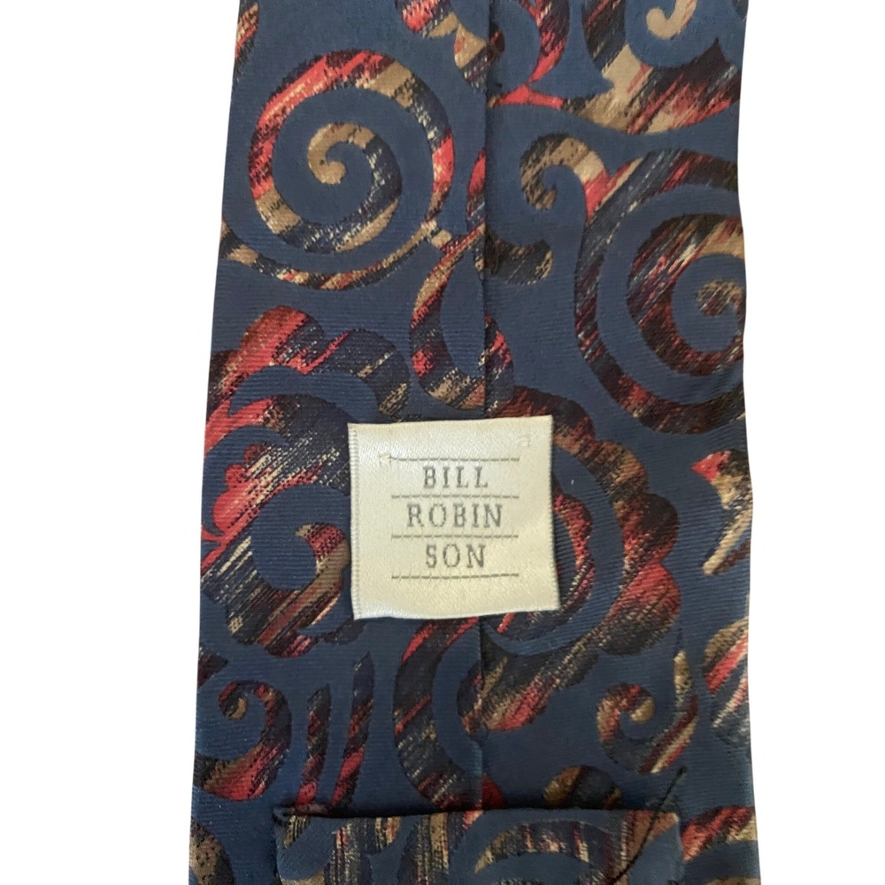 Bill Robinson Mens Silk Tie Blue Burgundy Gold Abstract Floral Swirl Made in USA